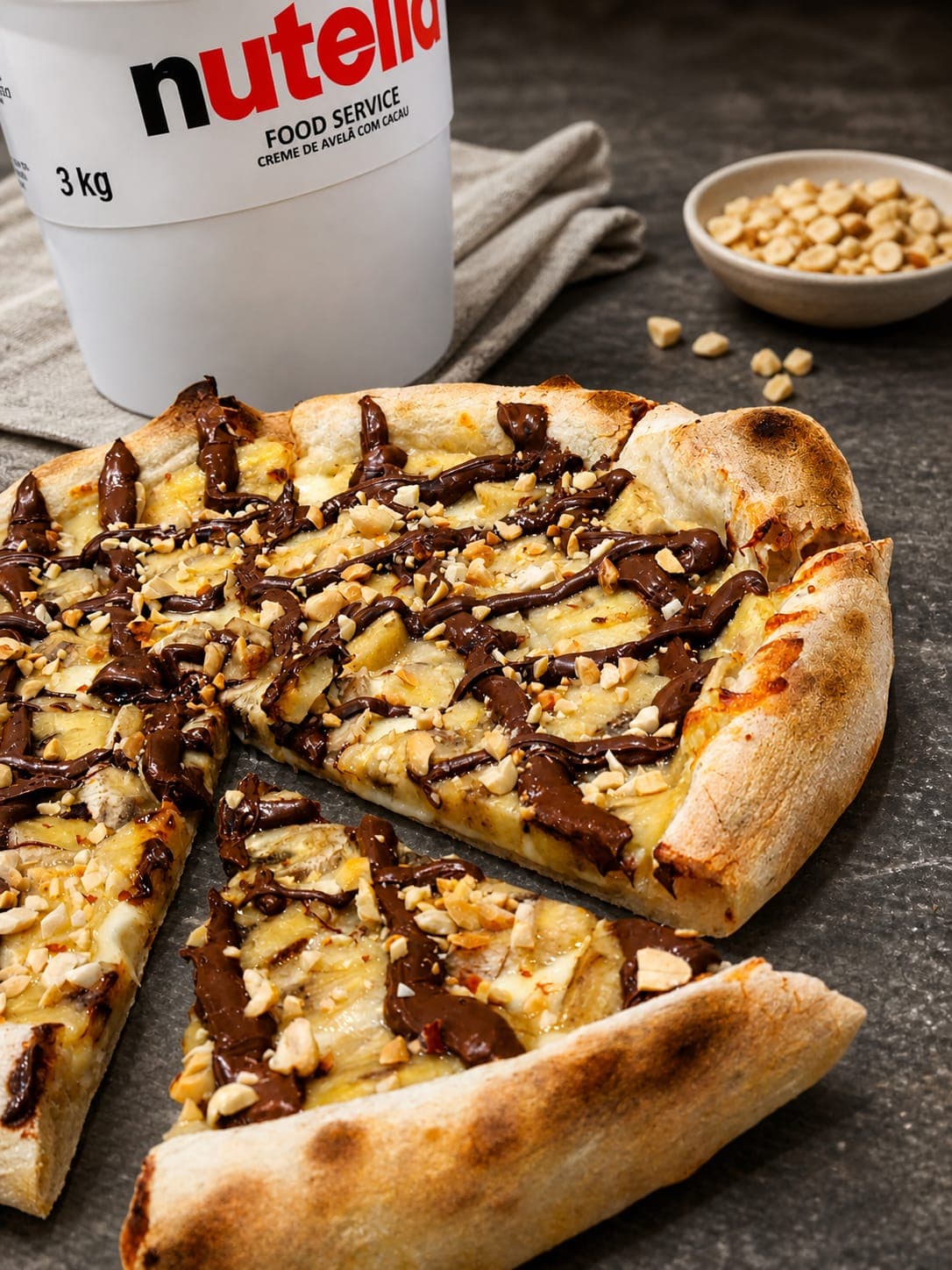 Pizza de Banana com Nutella — Massa de fermentação natural 48h, mussarela, banana e Nutella. Finalizado com castanhas.