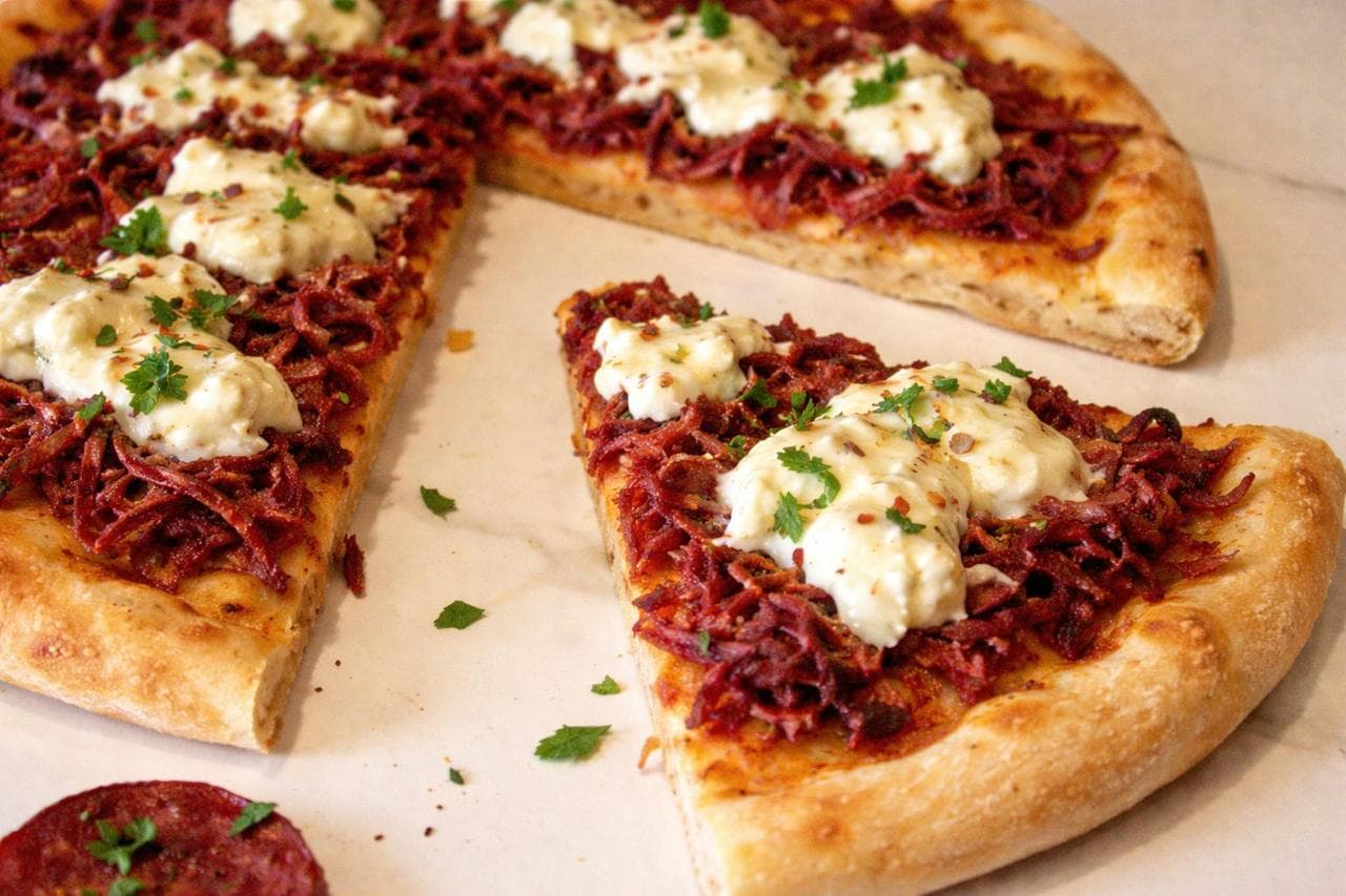 Carne Seca — Massa de fermentação natural, molho de tomate caseiro, queijo e carne seca desfiada.